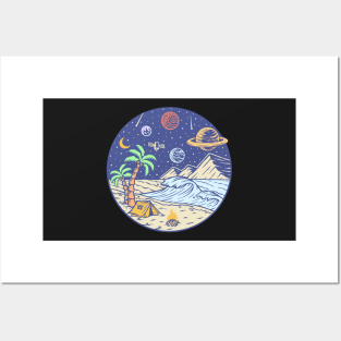 Camping under the moon and Planets - hand drawn Posters and Art